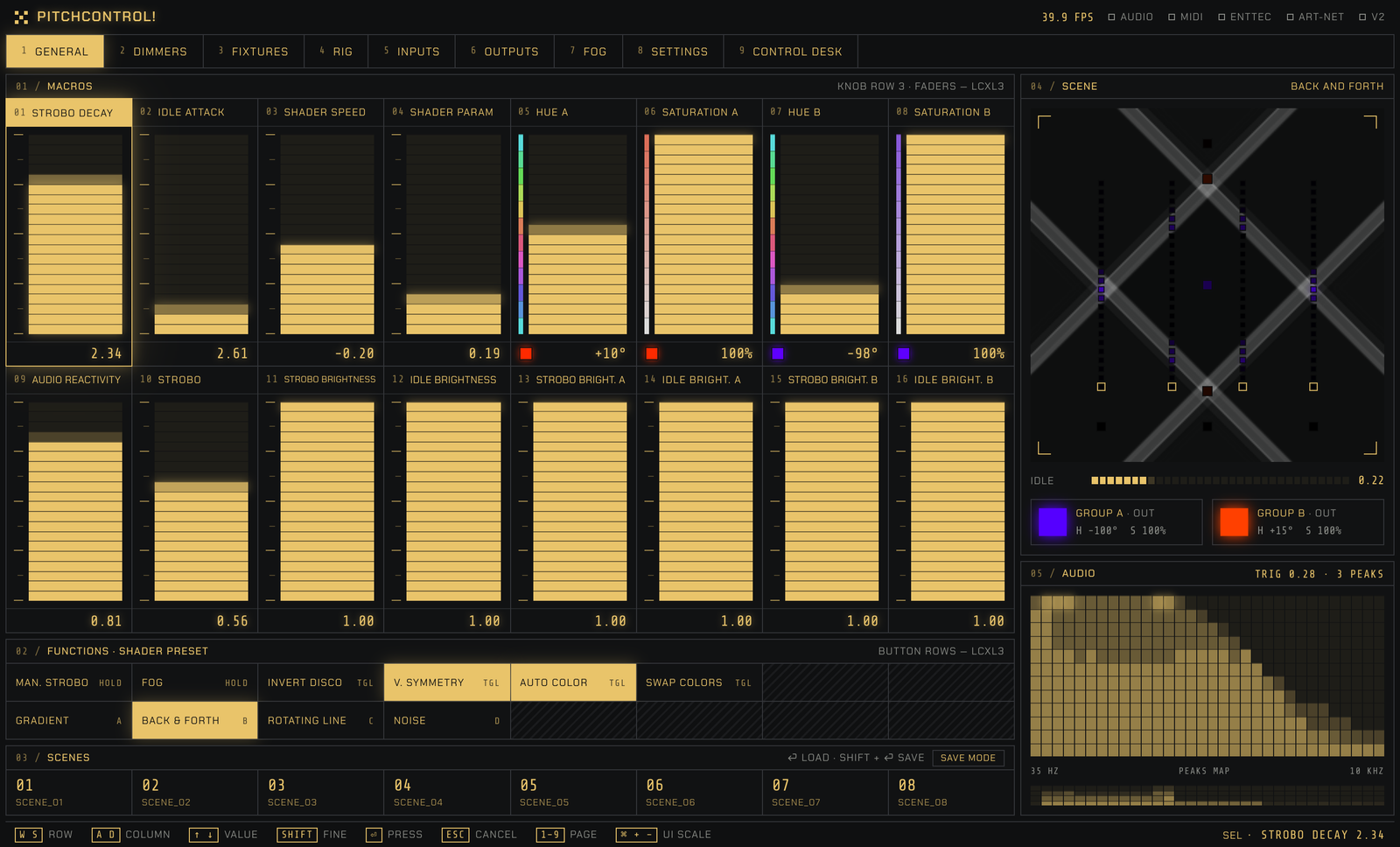 The General page of PitchControl: 16 macro faders, function buttons, scenes, a scene preview and the audio analysis.